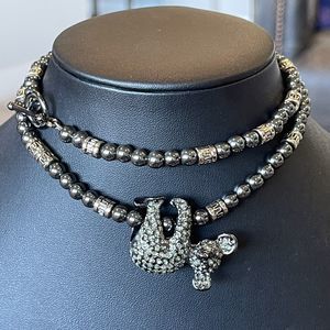 Hematite Style Gunmetal Rhinestone Hanging Koala Pendant Beaded Necklace